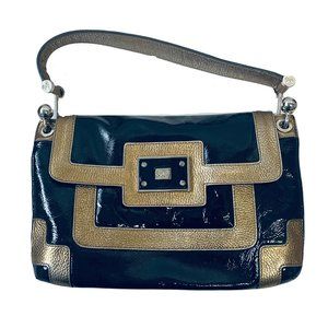 ANYA HINDMARCH Black/Gold Patent Leather Flap Shoulder Bag